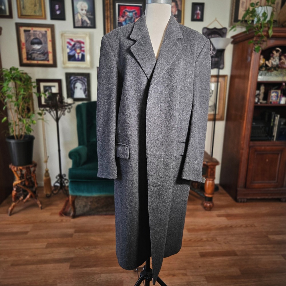 Kindler Trench Coat Overcoat Vintage 90s Gray Wool Cashmere England Long Mens L - Picture 2 of 8